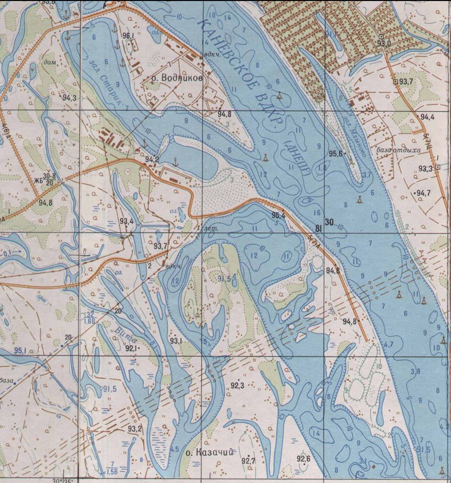 Глубины Днепра в районе Киева. Масштаб 1 см 250 м. Глубины 1989